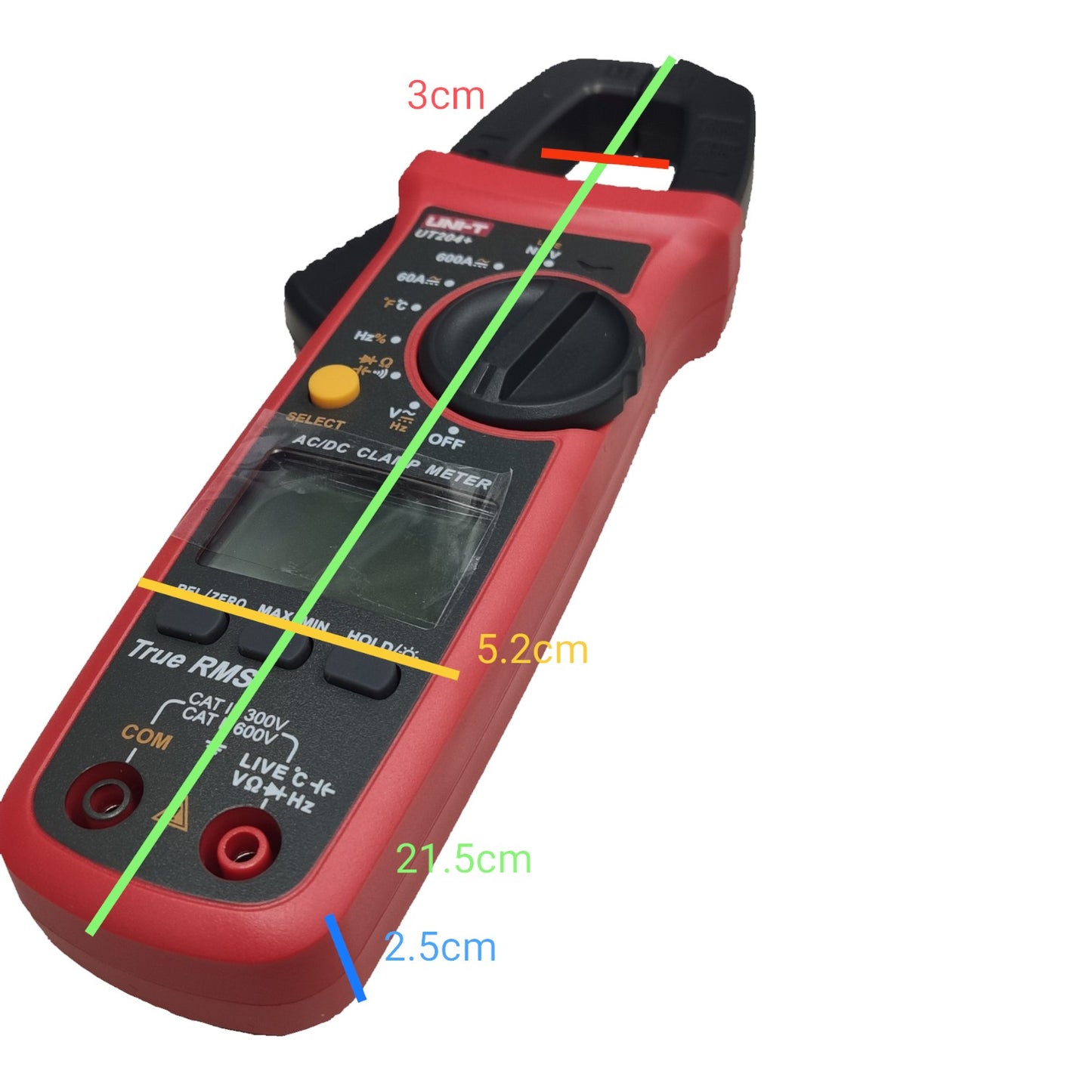 Red multimeter with dimensions labeled on a white background UNI-T Digital Clamp Tester with Digital LCD Multimeter UT-204+ 600A DC / AC Electx Electrical Supply