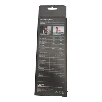 Black packaging of a digital clamp meter with text and images on a white background UNI-T Digital Clamp Tester with Digital LCD Multimeter UT-204+ 600A DC / AC Electx Electrical Supply