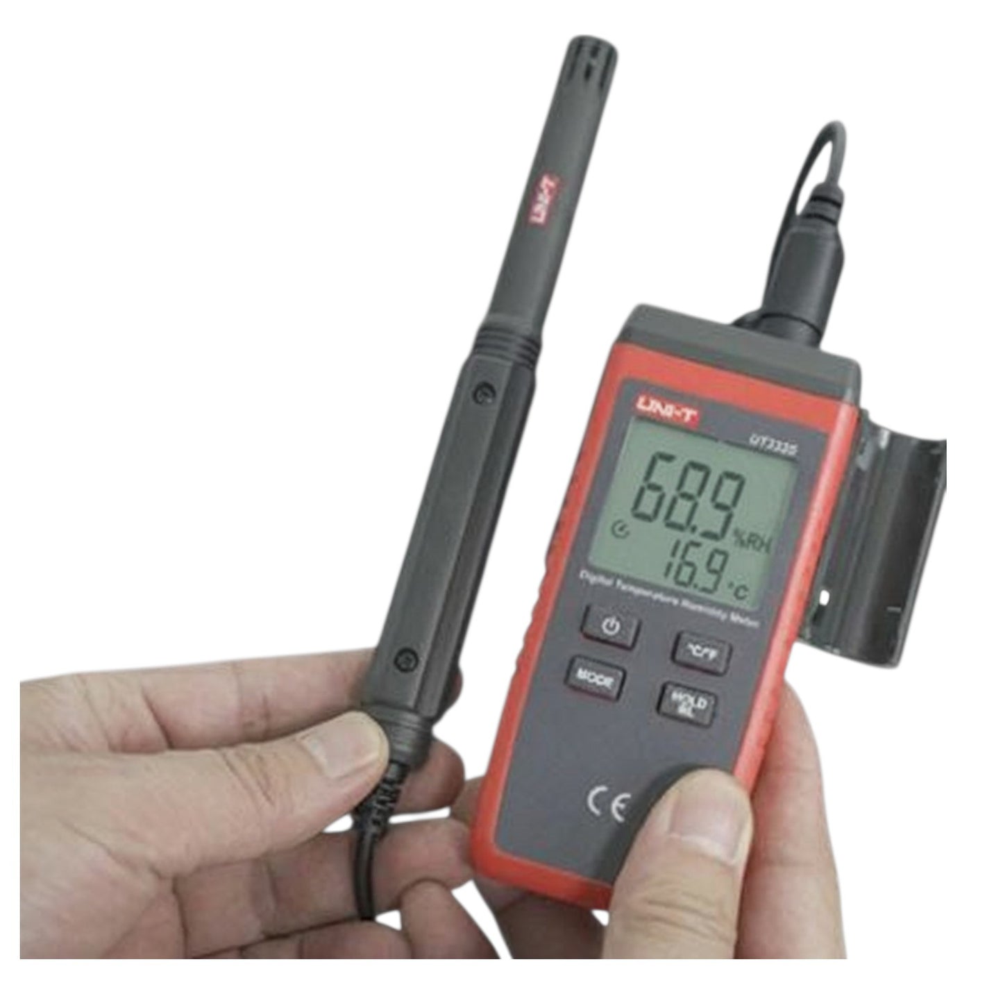 Hand holding a digital thermometer with a probe on a white background UNI-T Digital Humidity Tester UT333S Range Capacity -10 to 60 Degrees Celsius Max RH 0 to 100% Electx Electrical Supply