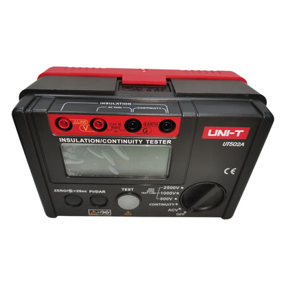 Insulation/continuity tester with red and black design on a white background UNI-T Digital Insulation Resistance Tester UT502A Digital LCD Display 2500V Max 0-300V Electx Electrical Supply