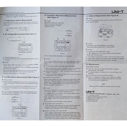 Technical manual or user guide with diagrams and text on a white  UNI-T Digital Insulation Resistance Tester UT502A Digital LCD Display 2500V Max 0-300V Electx Electrical Supplybackground