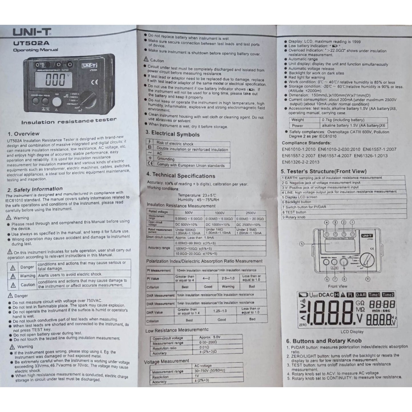 Technical manual or user guide for an insulation resistance tester with specifications and diagrams. UNI-T Digital Insulation Resistance Tester UT502A Digital LCD Display 2500V Max 0-300V Electx Electrical Supply