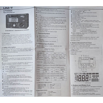 Technical manual or user guide for an insulation resistance tester with specifications and diagrams. UNI-T Digital Insulation Resistance Tester UT502A Digital LCD Display 2500V Max 0-300V Electx Electrical Supply