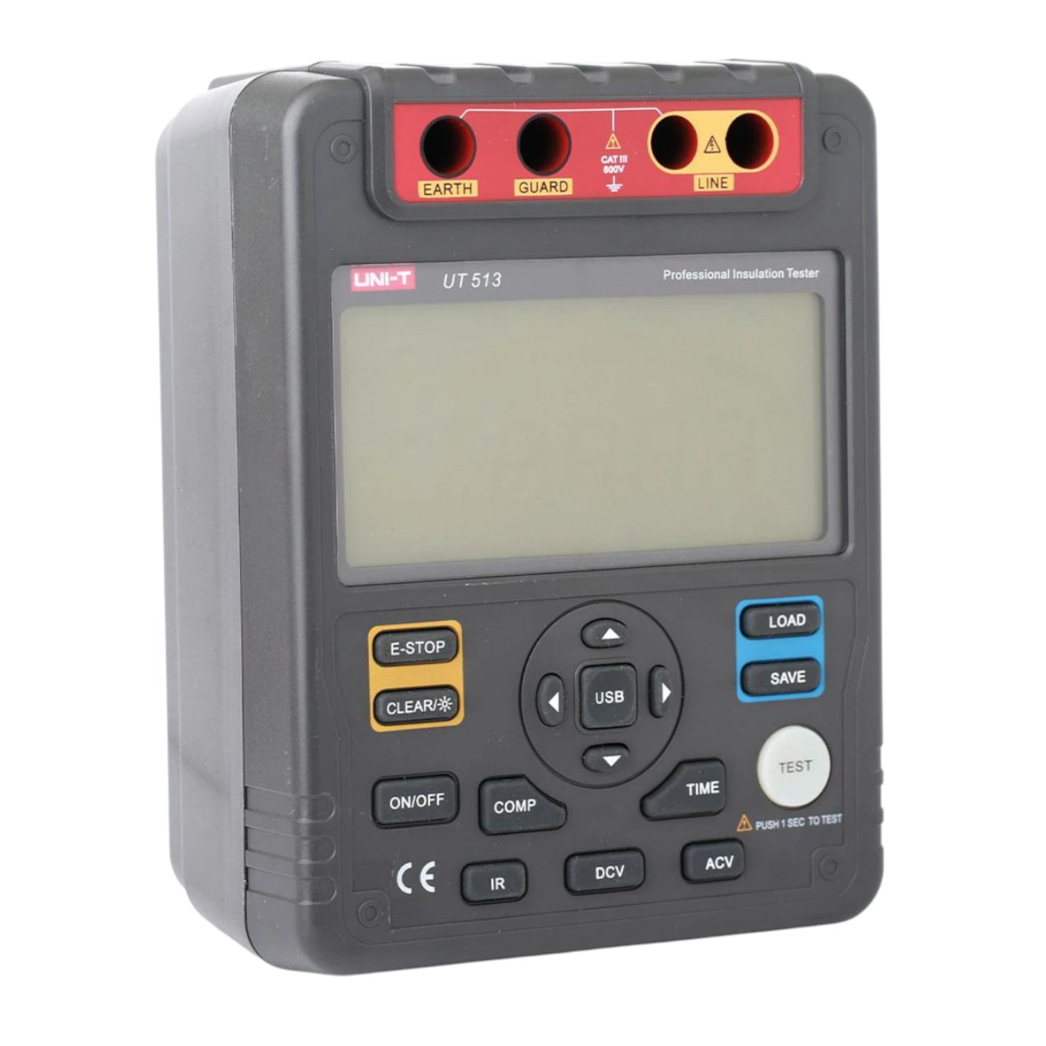 Professional insulation tester with display and control buttons on a white background UNI-T Digital Insulation Resistance Testers UT513A 500V TO 5000V AC Electx Electrical Supply
