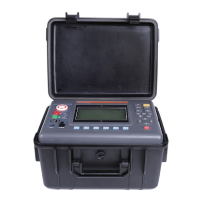 Portable electronic device with a digital display and control buttons, housed in a black carrying case. UNI-T Digital Insulation Tester Rated 15KV UTG-T3630 HV Test Set Resistance Tester Electx Electrical Supply