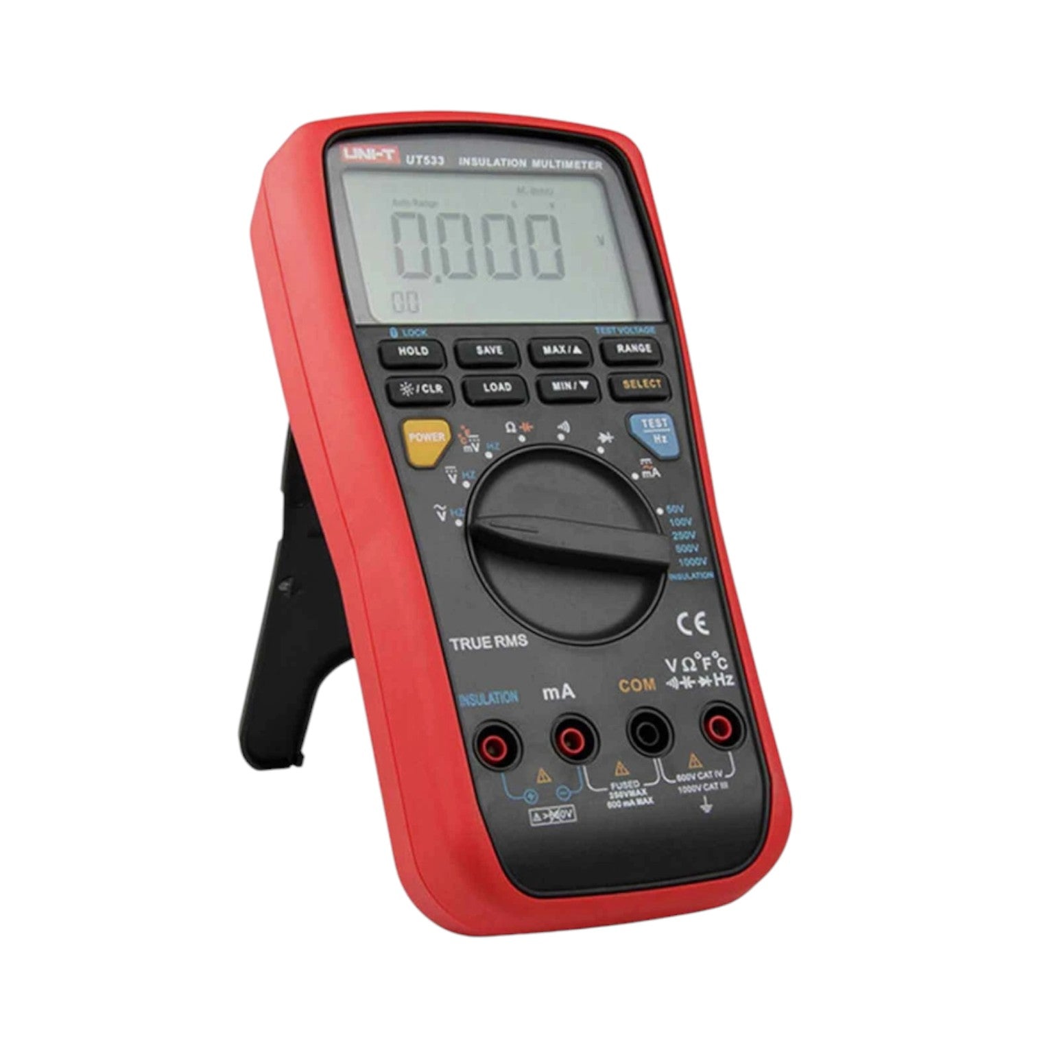 Digital multimeter with red casing on a white background UNI-T Digital Insulation Tester UT-533 1000V AC/DC 600mA AC/DC Current Resistance Tester Electx Electrical Supply