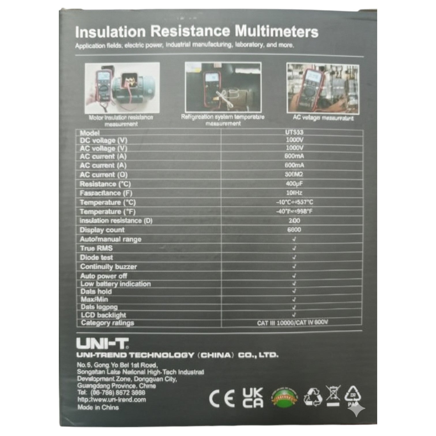 Back view of an insulation resistance multimeter with specifications and branding. UNI-T Digital Insulation Tester UT-533 1000V AC/DC 600mA AC/DC Current Resistance Tester Electx Electrical Supply