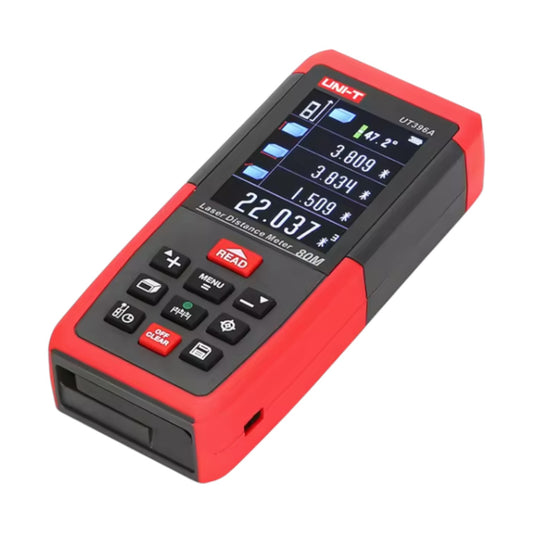 Red and black laser distance meter on a white background UNI-T Digital Laser Distance Measurement for Distance Area Volume UT-396A Max 80 Meters or UT-396B Max 120 Meters Electx Electrical Supply