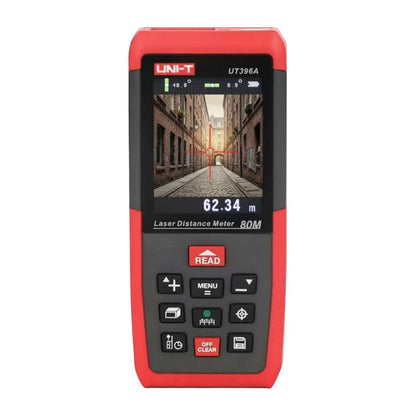 Red and black laser distance meter with digital display on a white background UNI-T Digital Laser Distance Measurement for Distance Area Volume UT-396A Max 80 Meters or UT-396B Max 120 Meters Electx Electrical Supply