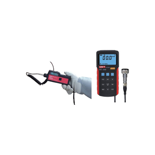 Digital device with探头 held by a gloved hand on a white background UNI-T Digital Vibration Tester with USB UT-315A Velocity 0.01 to 19.99cm/s Acceleration 0.1 to 199.9 m/s Electx Electrical SUpply