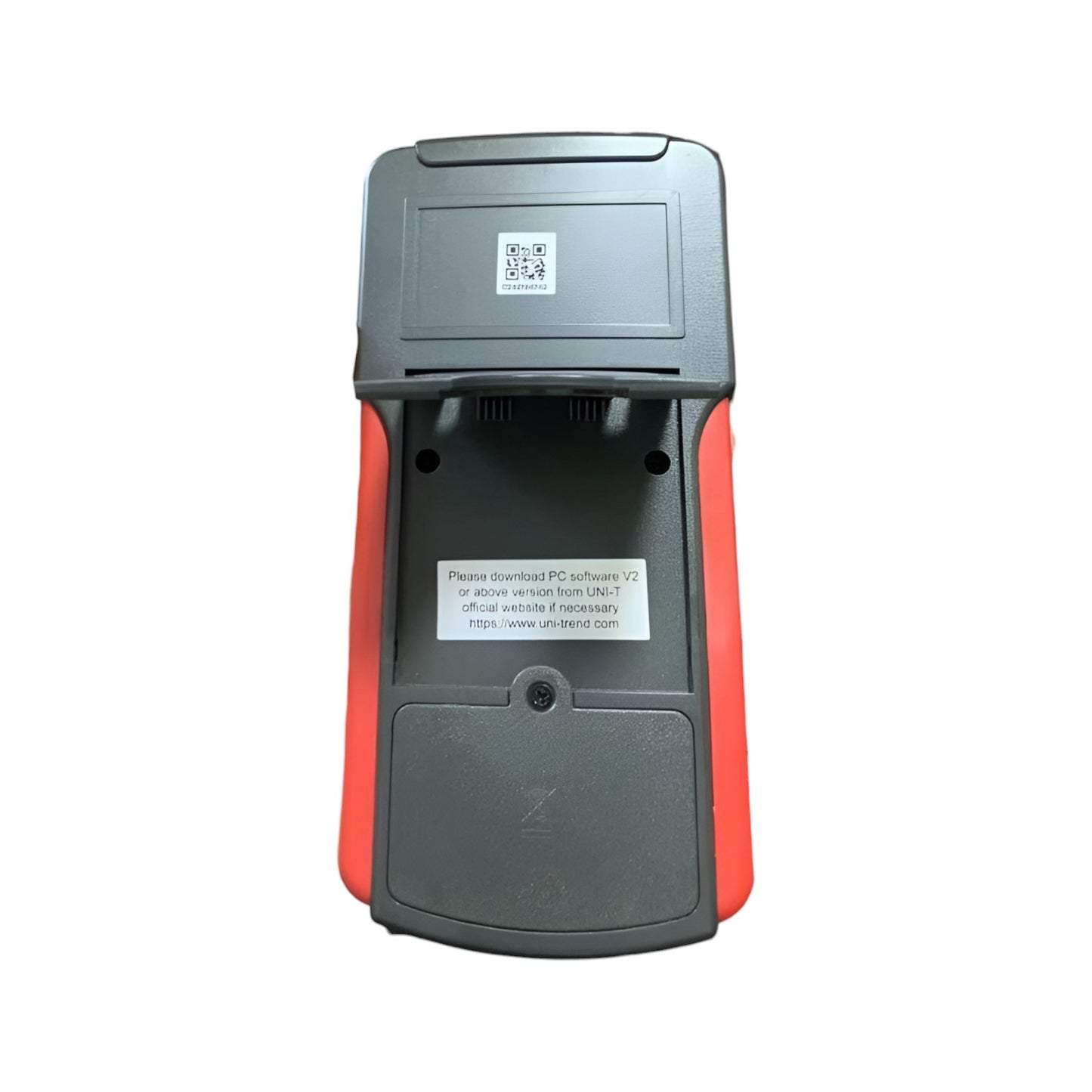 Back view of a device with QR code label on a white background UNI-T Digital Vibration Tester with USB UT-315A Velocity 0.01 to 19.99cm/s Acceleration 0.1 to 199.9 m/s Electx Electrical SUpply