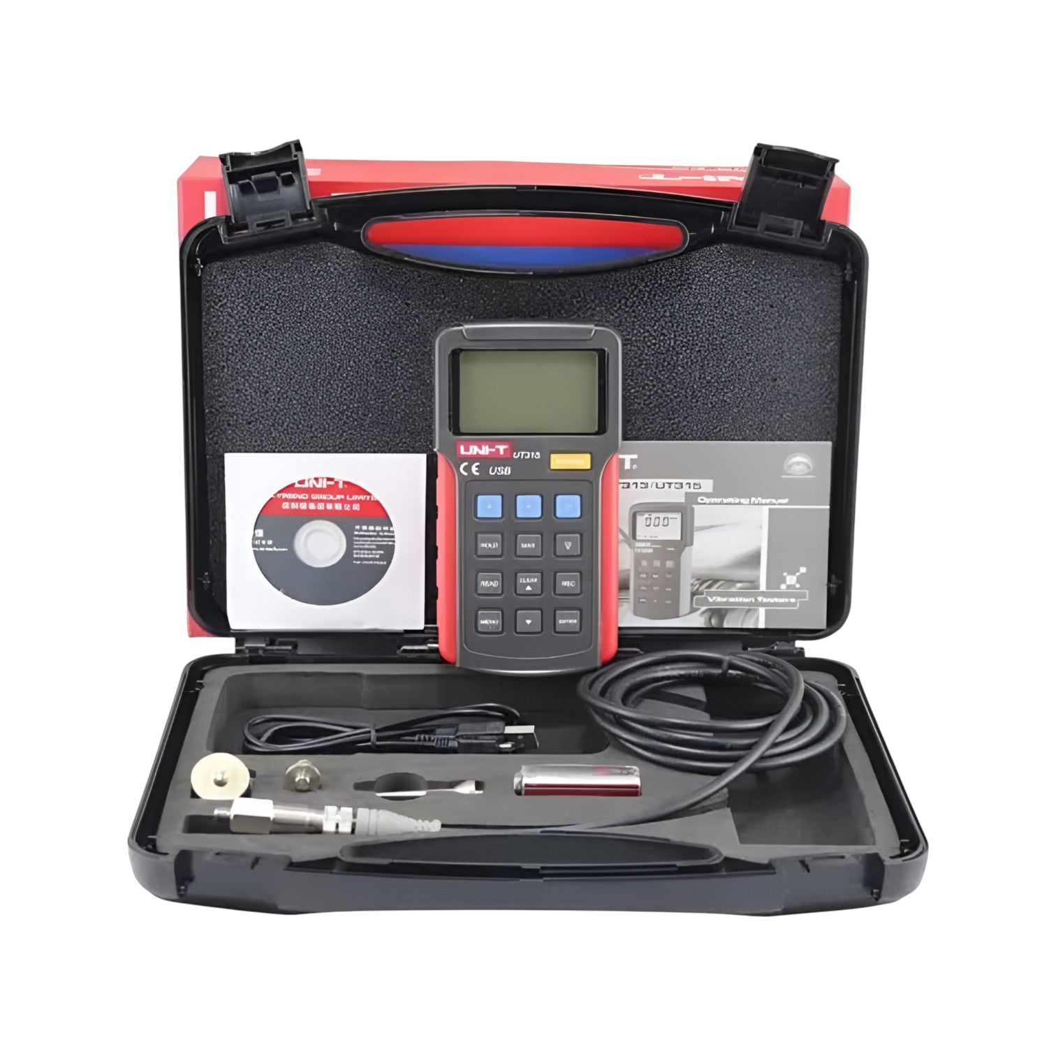 Digital multimeter in an open carrying case with accessories on a white background UNI-T Digital Vibration Tester with USB UT-315A Velocity 0.01 to 19.99cm/s Acceleration 0.1 to 199.9 m/s Electx Electrical SUpply
