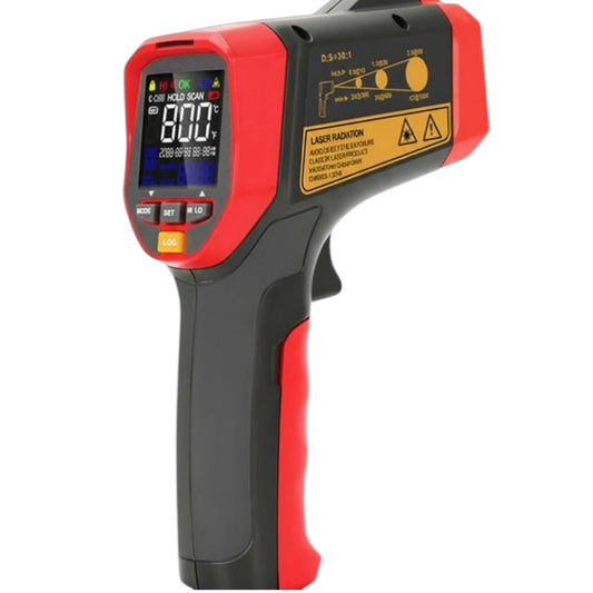 Infrared thermometer with digital display on a white background UNI-T Infrared Laser Temperature Tester UT303A+ Max 32 to 800 Celsius or 25.6 to 1472 Fahrenheit Infrared Thermometer Electx Electrical SUpply
