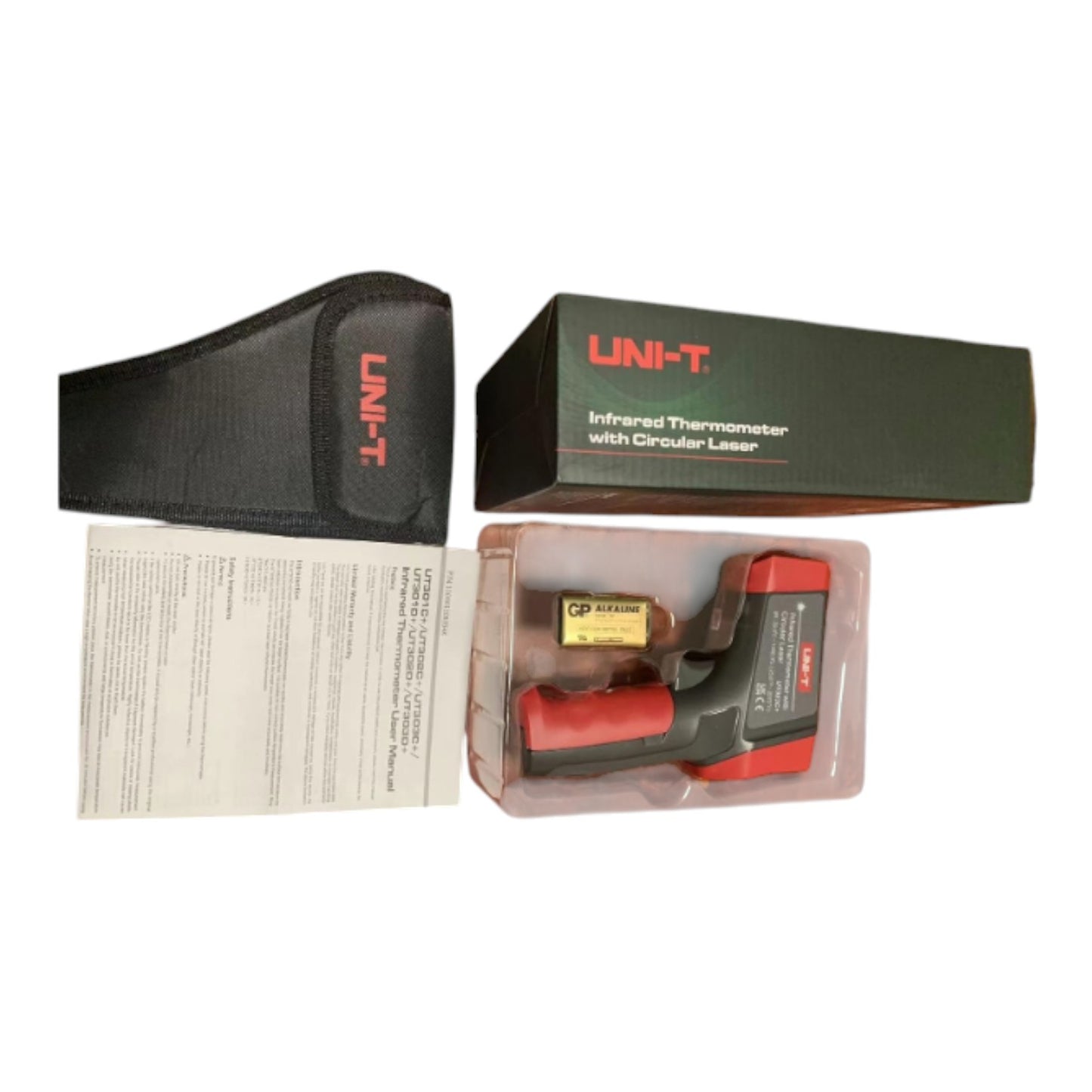 Infrared thermometer with packaging and accessories on a white background UNI-T Infrared Laser Temperature Tester UT303A+ Max 32 to 800 Celsius or 25.6 to 1472 Fahrenheit Infrared Thermometer Electx Electrical SUpply