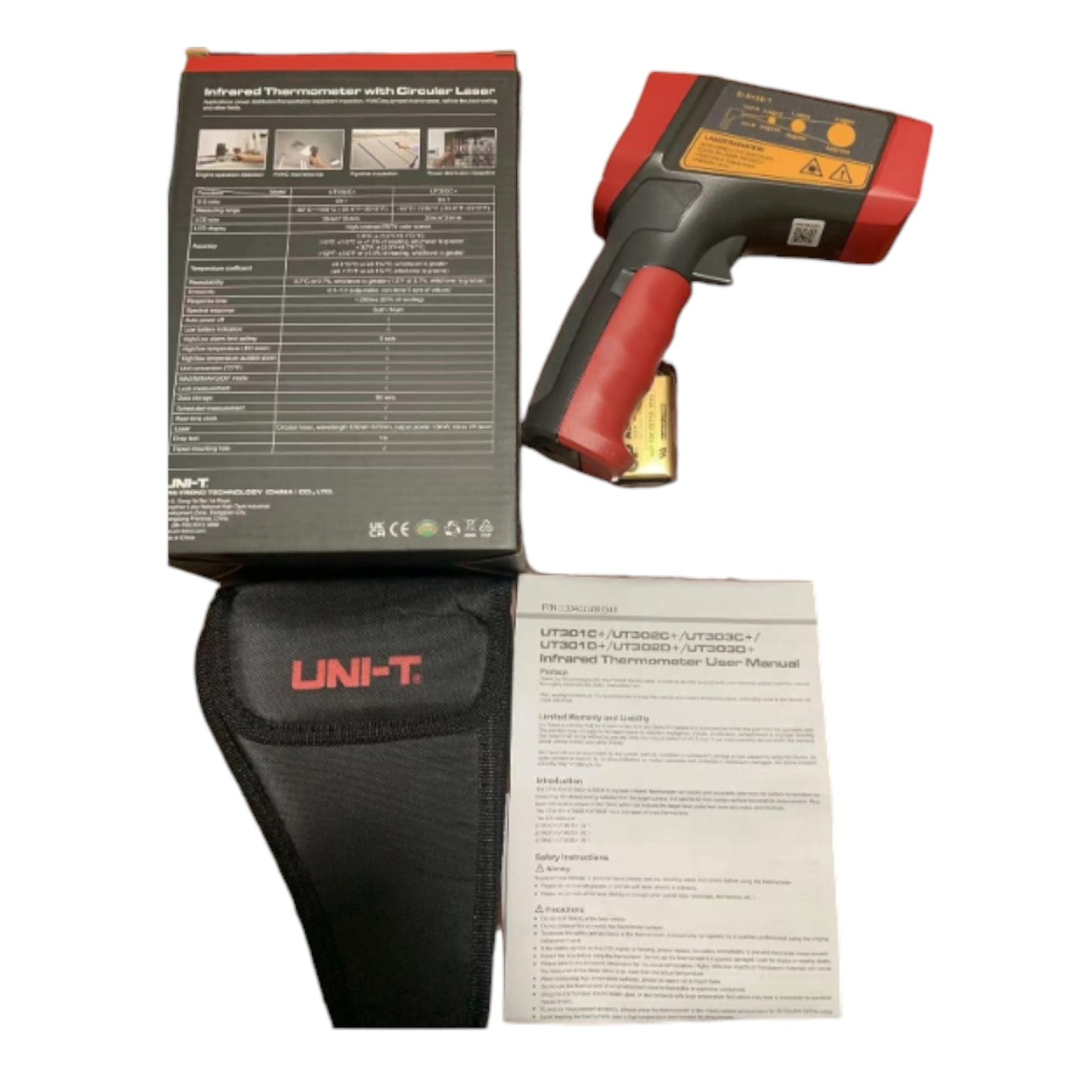 Infrared thermometer with packaging and manual on a white background UNI-T Infrared Laser Temperature Tester UT303A+ Max 32 to 800 Celsius or 25.6 to 1472 Fahrenheit Infrared Thermometer Electx Electrical SUpply