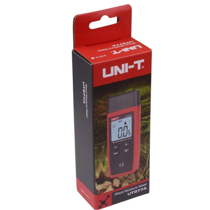 UNI-T wood moisture meter packaging on a white background UNI-T Mini Digital Wood Moisture Tester UT377A with LCD Display Applicable for 4 Types of Wood Batteries not Included 3pcs AAA Electx Electrical SUpply