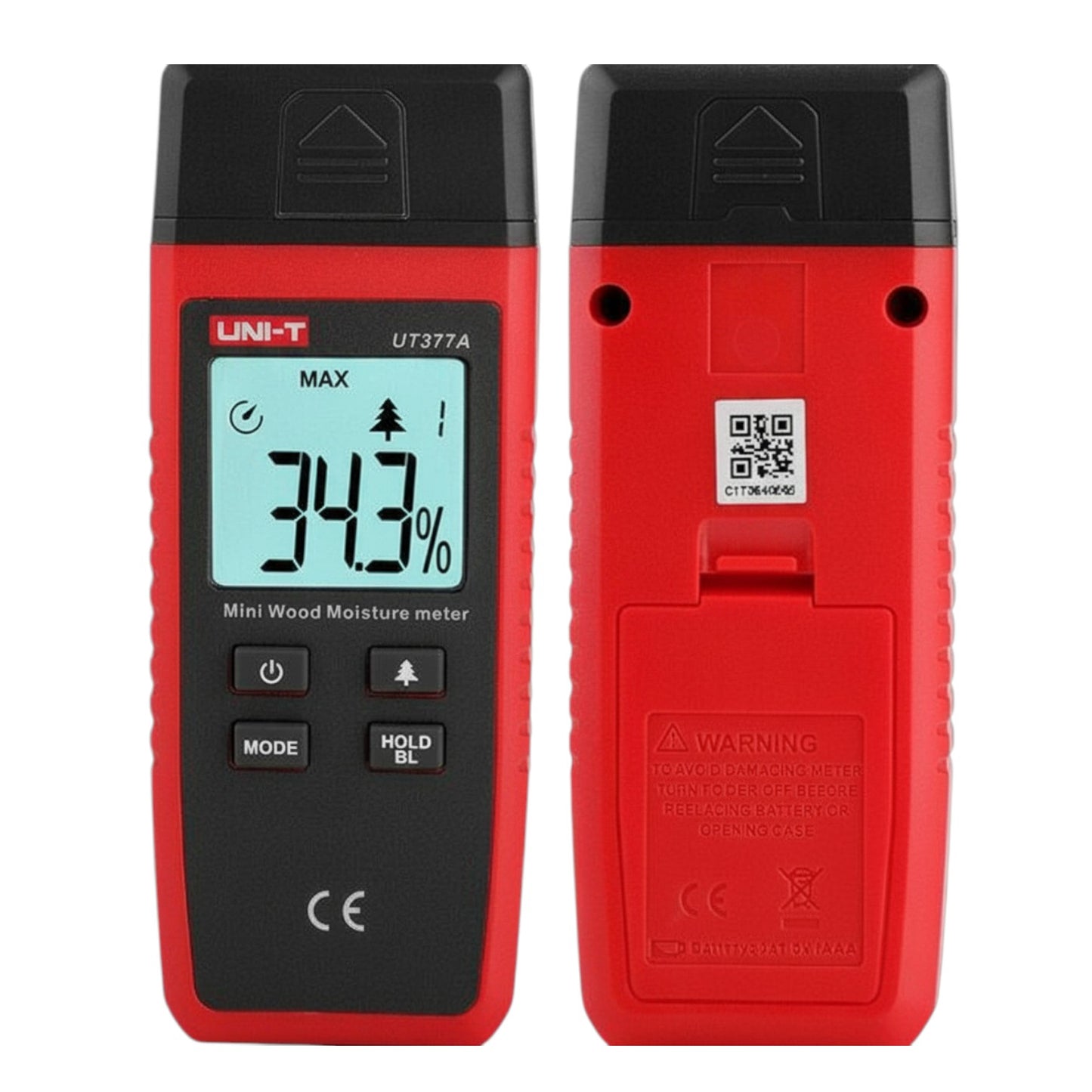 Red and black UNI-T mini wood moisture meter with digital display on a white background UNI-T Mini Digital Wood Moisture Tester UT377A with LCD Display Applicable for 4 Types of Wood Batteries not Included 3pcs AAA Electx Electrical SUpply