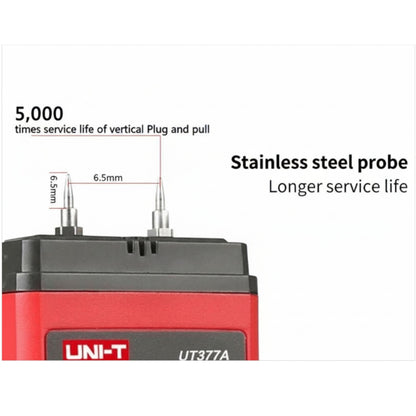 Red and black device with stainless steel probe and UNI-T branding on a white background UNI-T Mini Digital Wood Moisture Tester UT377A with LCD Display Applicable for 4 Types of Wood Batteries not Included 3pcs AAA Electx Electrical SUpply