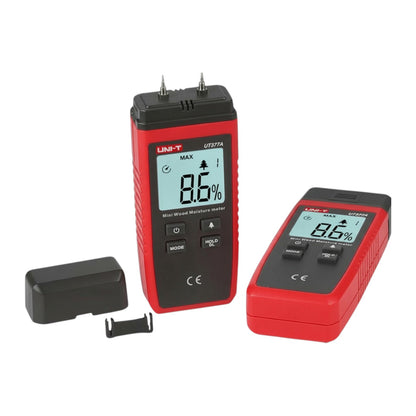 Two red and black UNI-T moisture meters on a white background UNI-T Mini Digital Wood Moisture Tester UT377A with LCD Display Applicable for 4 Types of Wood Batteries not Included 3pcs AAA Electx Electrical SUpply