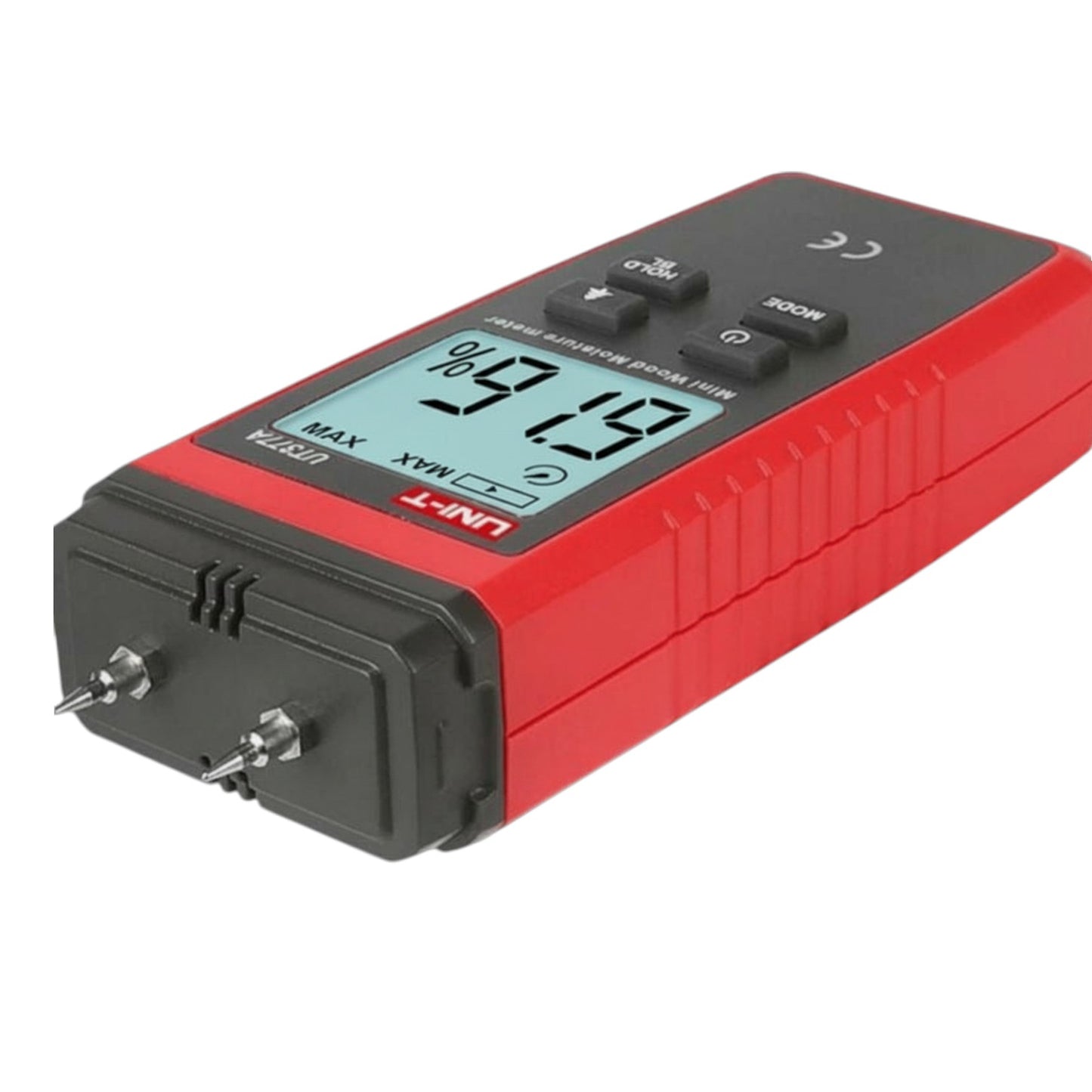 Red and black digital device with a display on a white background UNI-T Mini Digital Wood Moisture Tester UT377A with LCD Display Applicable for 4 Types of Wood Batteries not Included 3pcs AAA Electx Electrical SUpply
