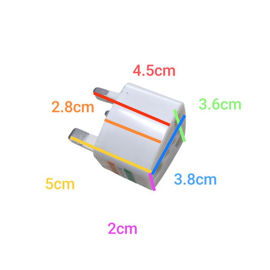 Measurement chart of a small rectangular component with labeled dimensions on a white background Universal Travel Adaptor to Type G Plug, Adaptor for  United Kingdom, Ireland, Malta, Malaysia, Hong Kong and Singapore Electx Electrical Supply