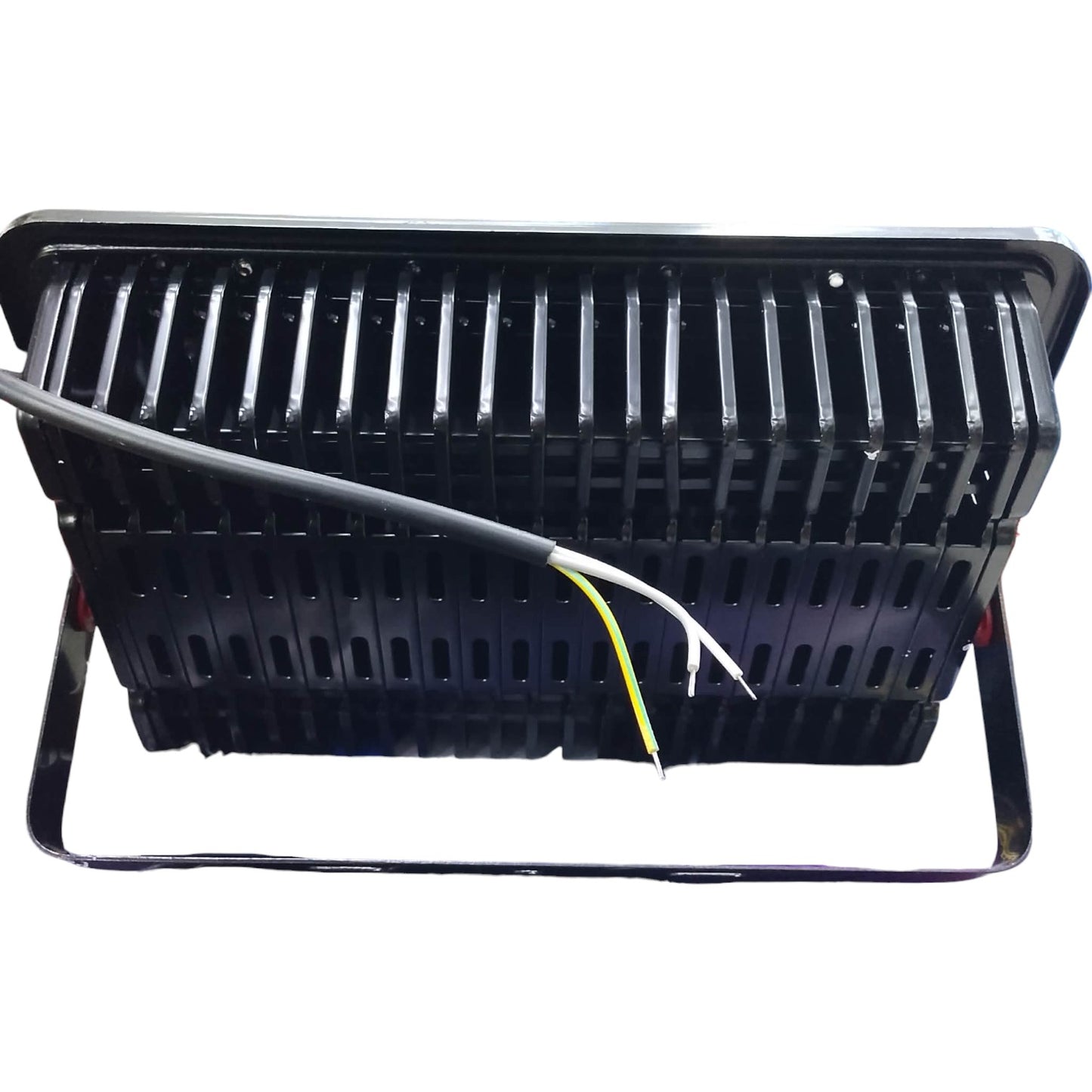 Black rectangular light fixture with visible wiring on a white background
