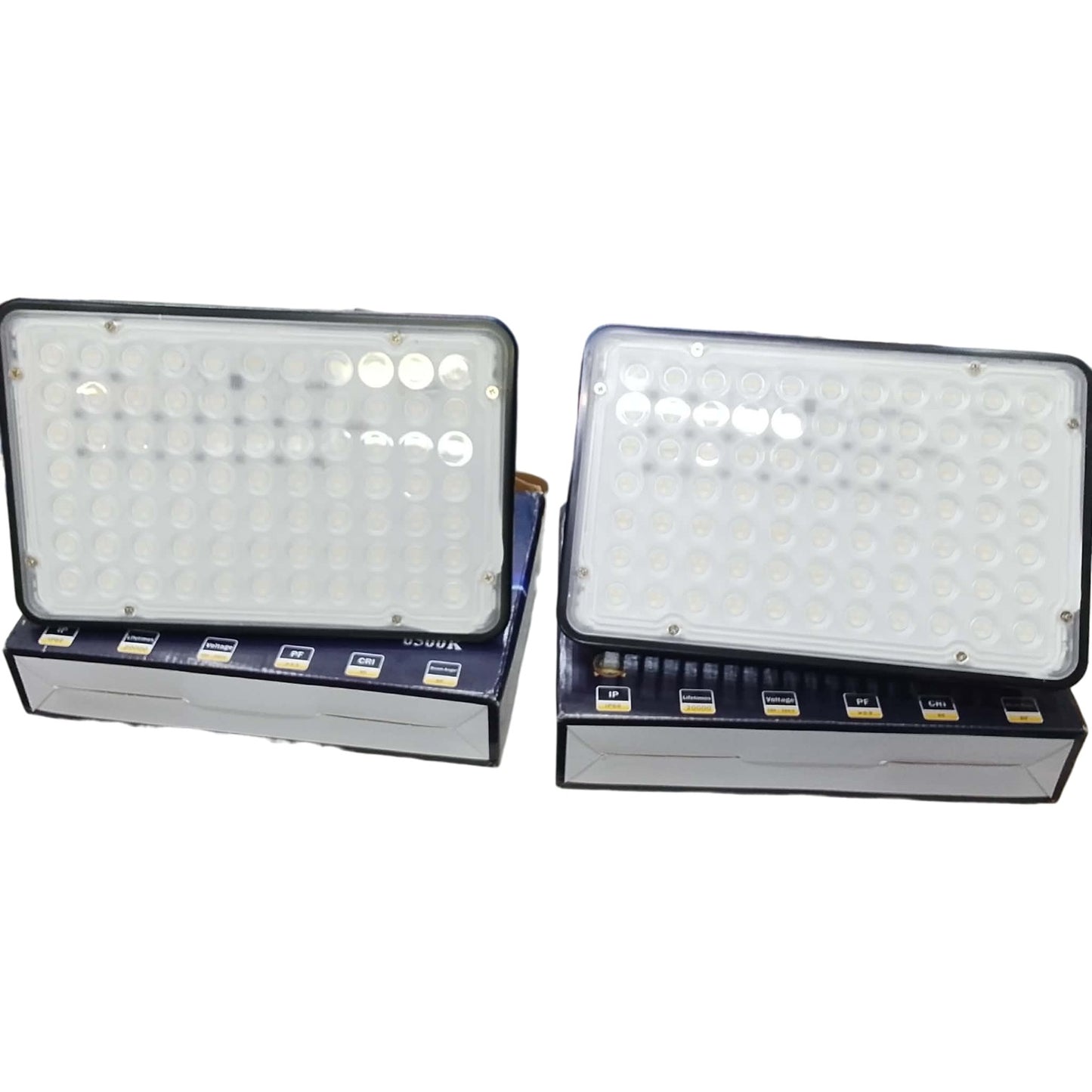 Two rectangular LED lights with visible branding on a white background