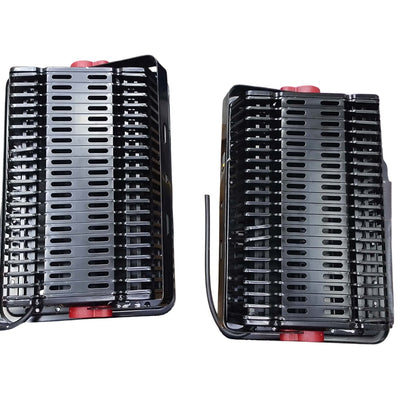 Two black plastic trays with red accents on a white background