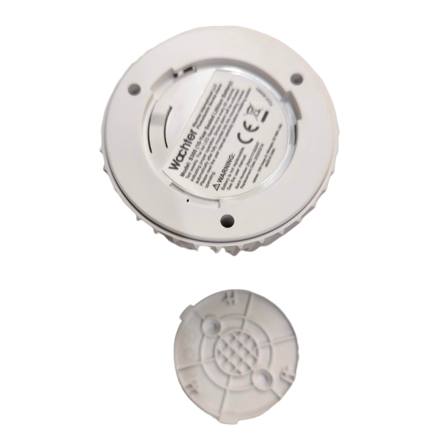 Watcher photoelectric smoke alarm with battery showing back view and mounting plate for security system