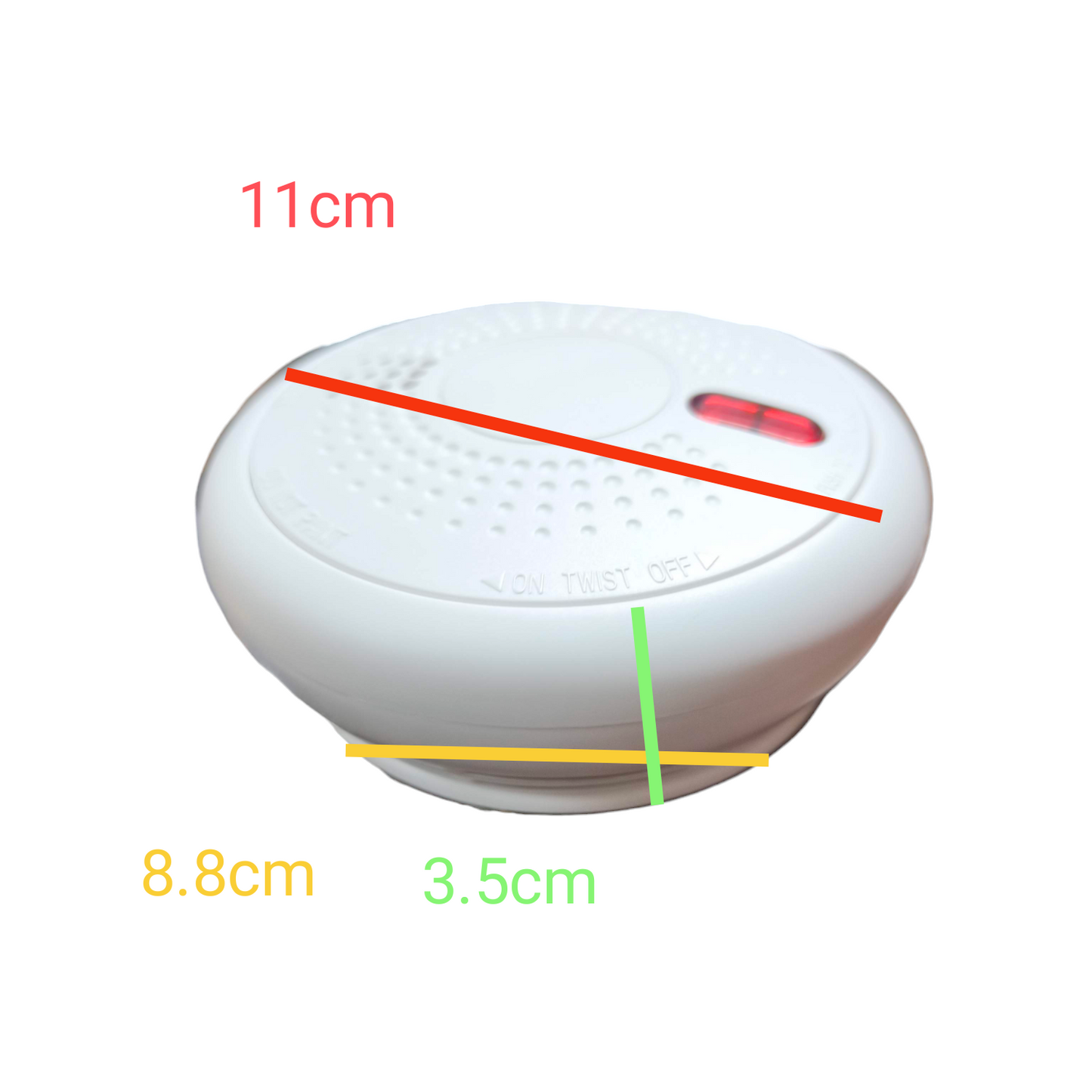 Photoelectric Smoke Alarm Watcher with white circular design and dimensions shown for home safety