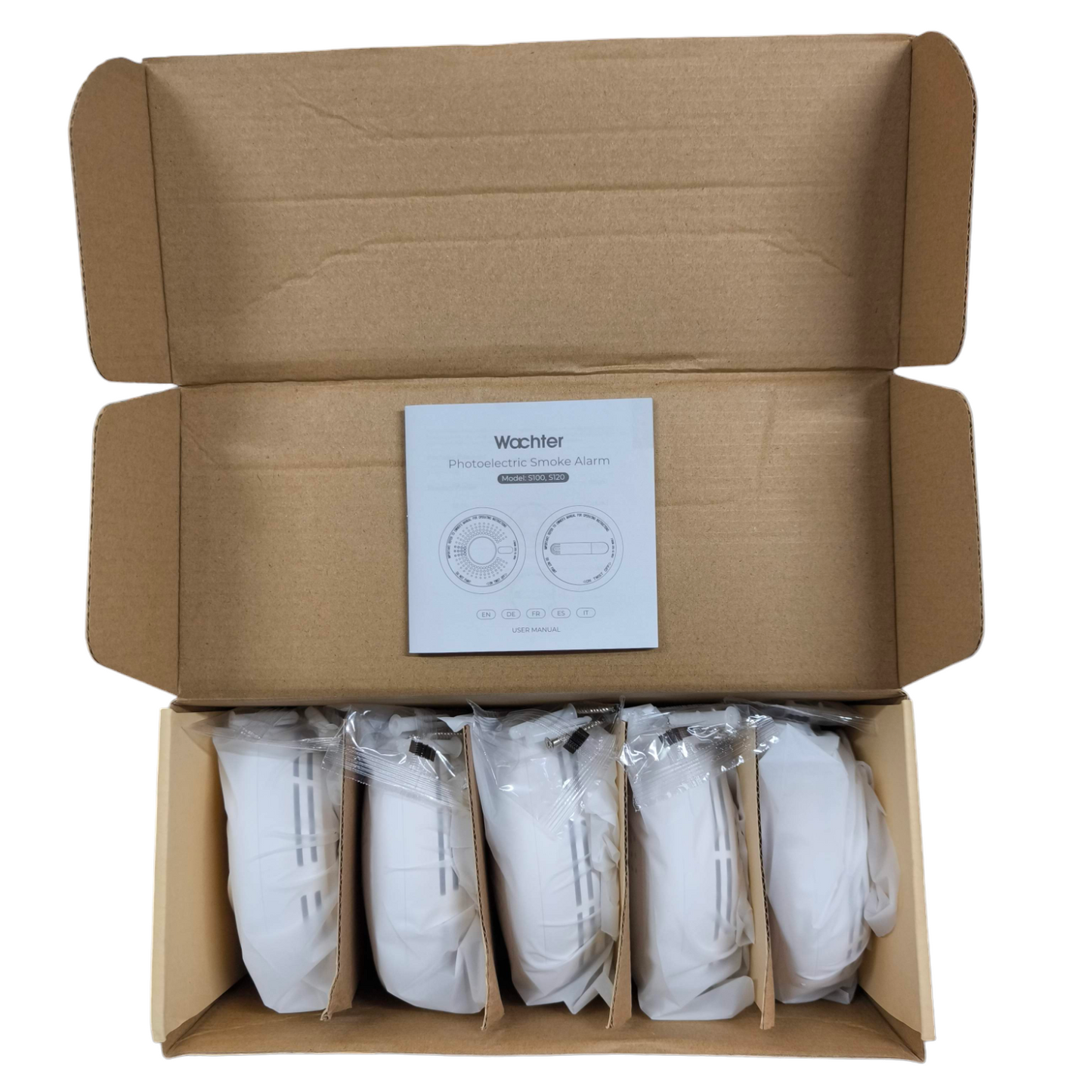 Photoelectric Smoke Alarm Watcher five-pack security system devices in open cardboard box with user manual