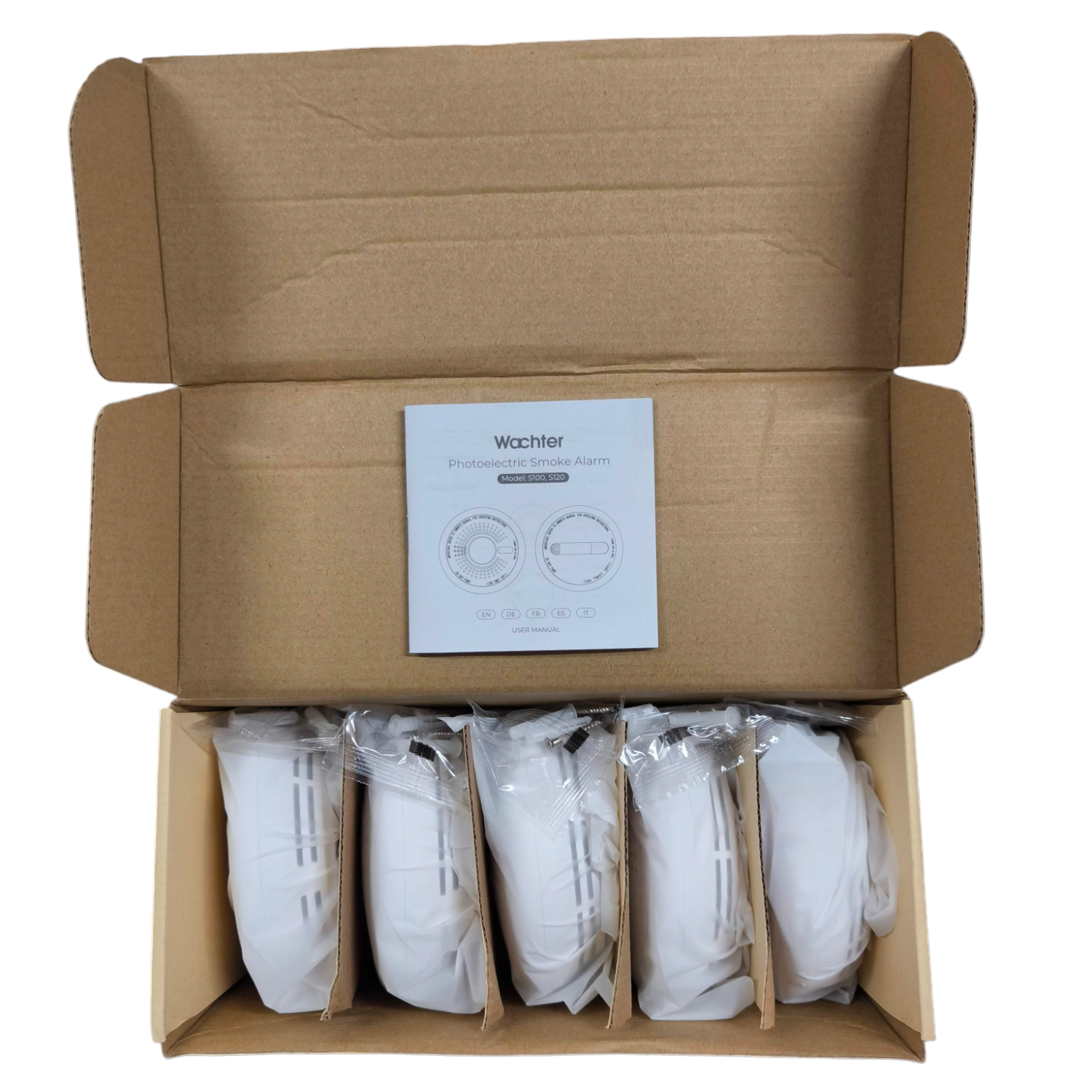 Photoelectric Smoke Alarm Watcher five-pack security system devices in open cardboard box with user manual