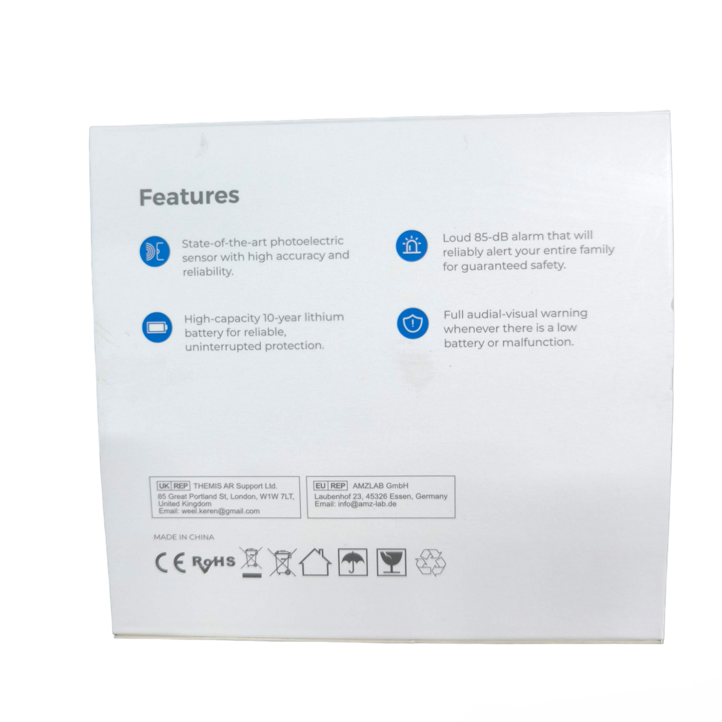Photoelectric Smoke Alarm Watcher packaging showing features of the smoke detector with 10-year battery and loud alarm