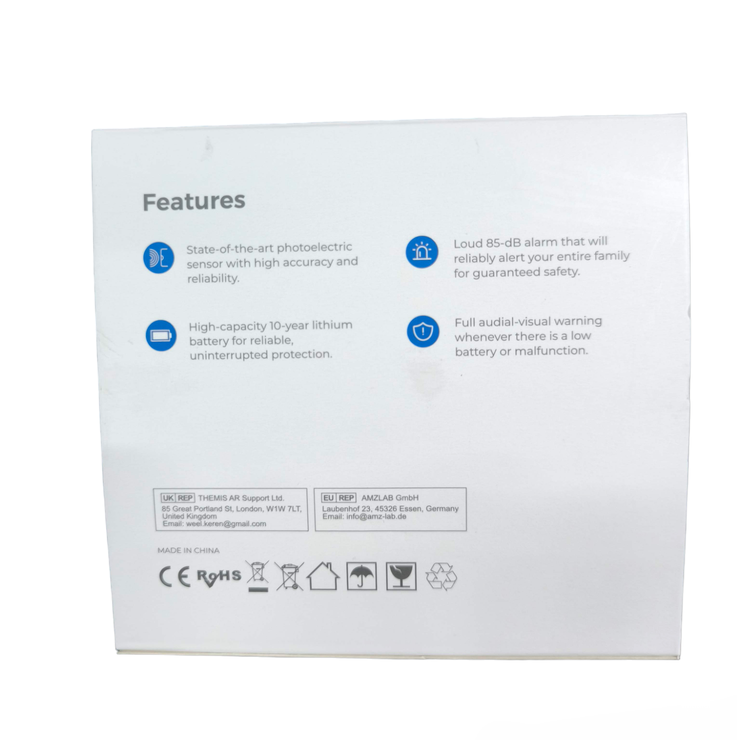 Photoelectric Smoke Alarm Watcher packaging showing features of the smoke detector with 10-year battery and loud alarm