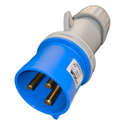 Blue electrical plug on a white background