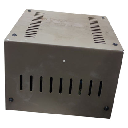 Metal box with ventilation slots on a white background