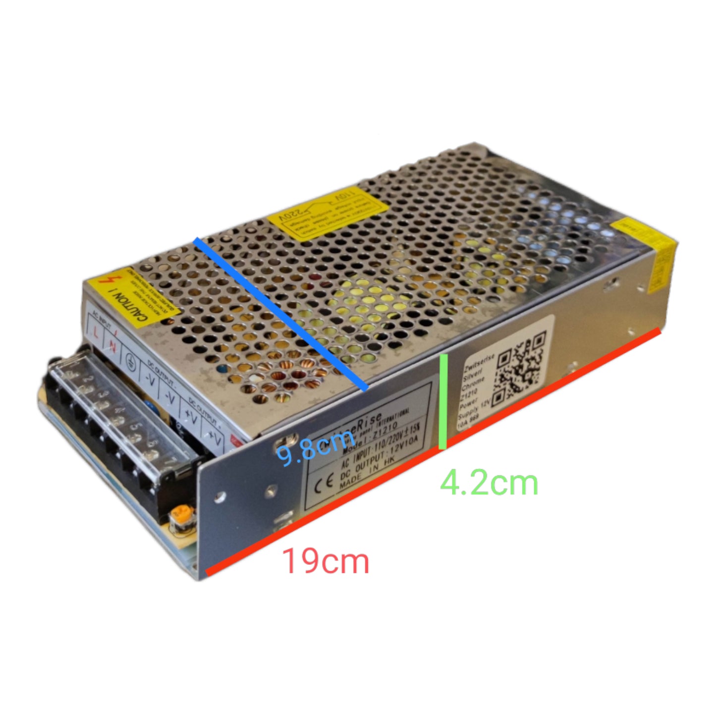 ZwitseRise 12V 10A DC switching power supply with metal casing and cooling vents for efficient operation