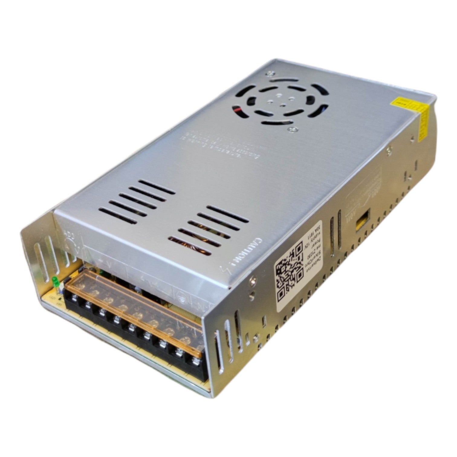 Power supply unit with a QR code label on a white background