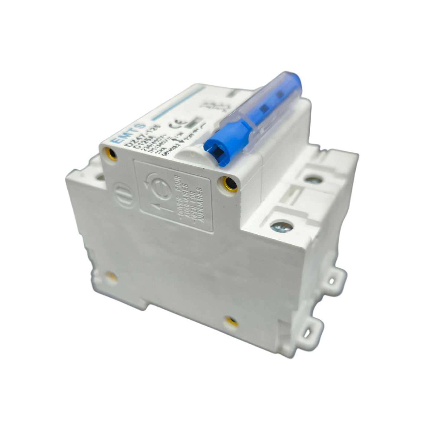 White electrical component with blue connector on a white background