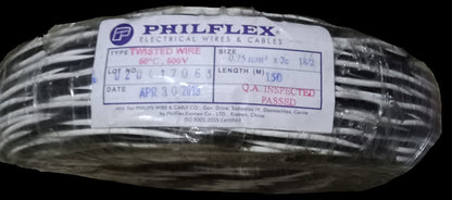 Philflex TF Wire AWG 18/2 (0.75mm/2) Stranded (Hook Up Wire/ Thermoplastic Fixture Wire) Black/ White Twisted Wire