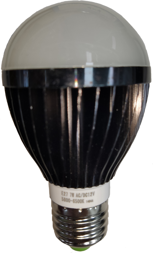LED Bulb 12V DC 7W E27 Daylight ( Aluminum Heat Sink, needs Battery to light up)