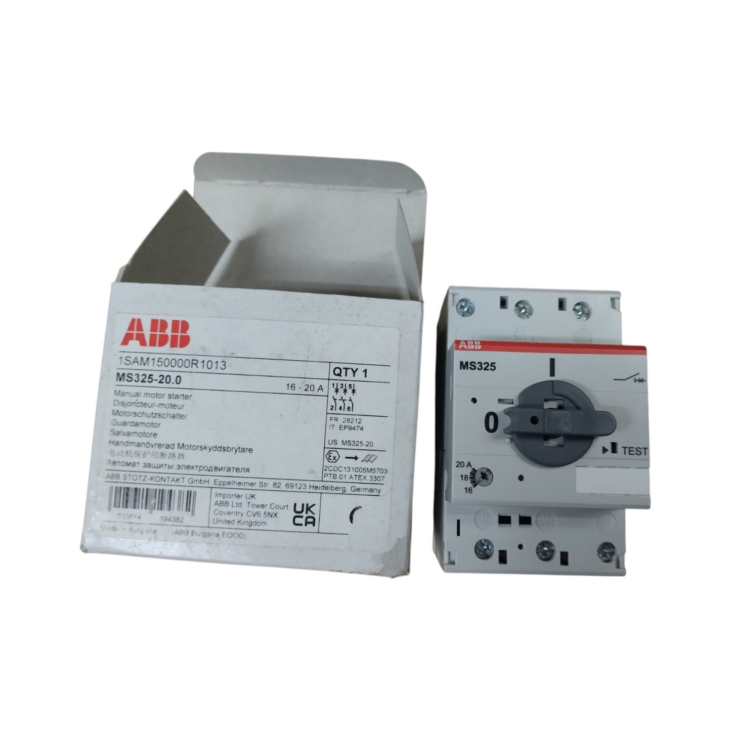 ABB 3 phase 16-20A motor protection switch in packaging with test features and clear settings