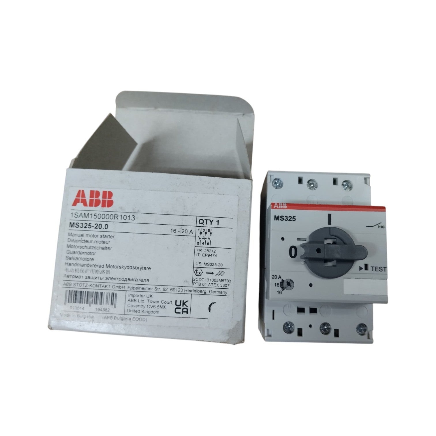 ABB 3 phase 16-20A motor protection switch in packaging with test features and clear settings