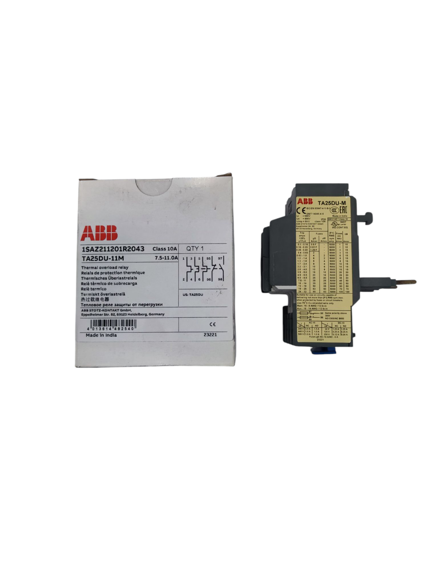 ABB Thermal Overload Relay 7.5-11A with yellow label and white ABB box beside relay unit