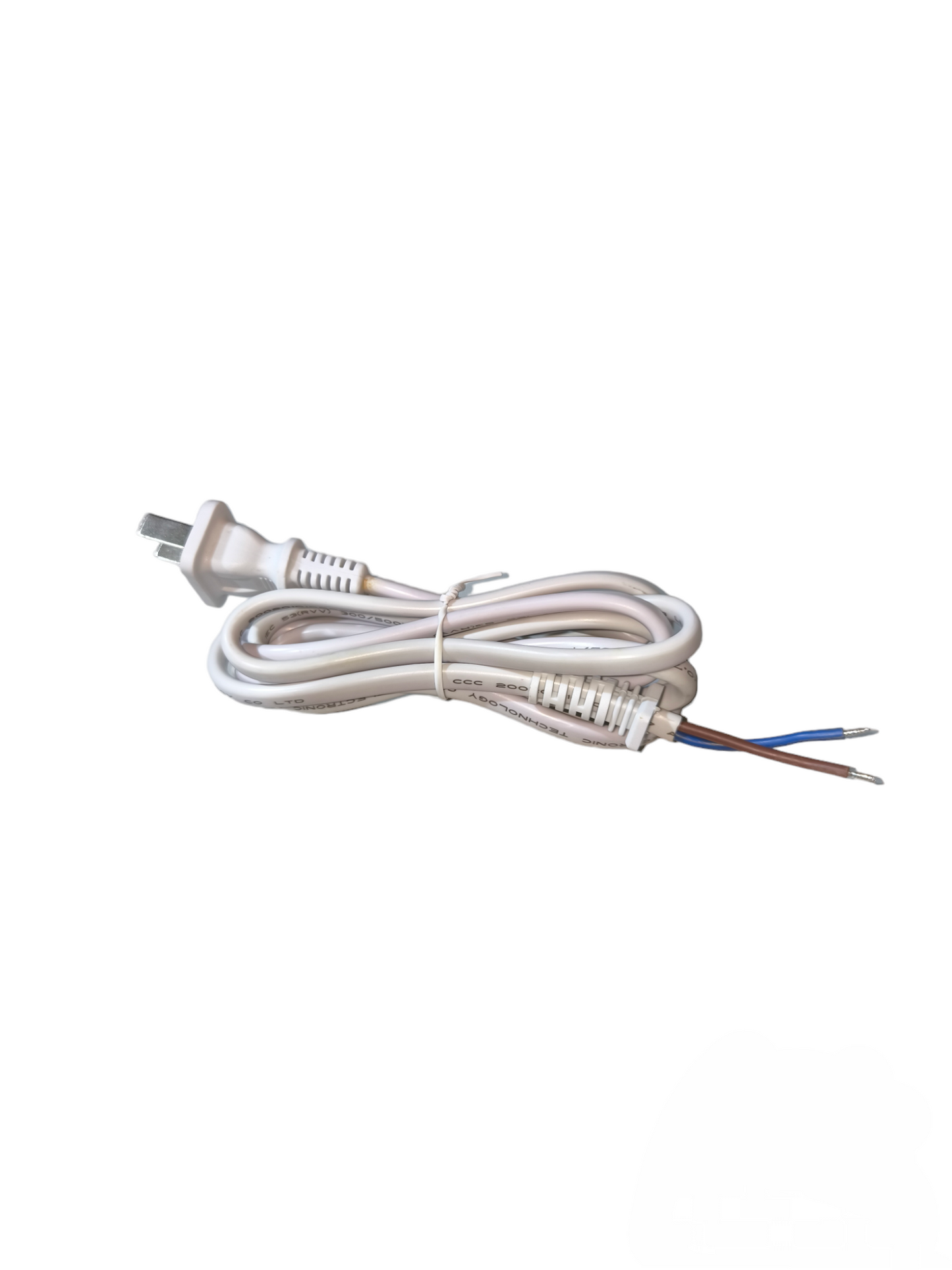 AC Cord AWG 18 White with a standard plug and stripped wires for easy electrical connections