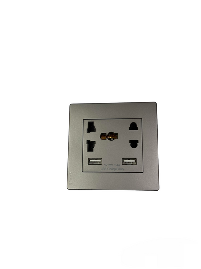 Opple Duplex Universal Outlet Square Gray 16A 250V with 2 Gang USB-A 5V 2.4A Outlet with Plate Cover and Square Utility Box F021685 H1G06