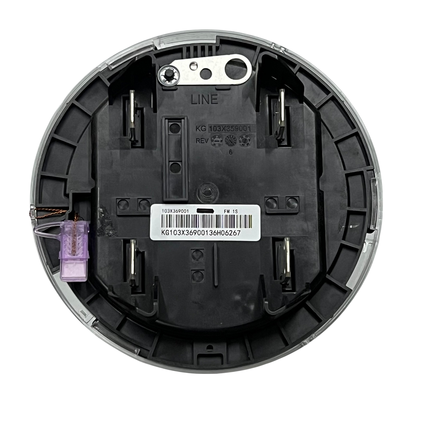 Aclara i210 digital kwh meter back view showing connection points and label on black background