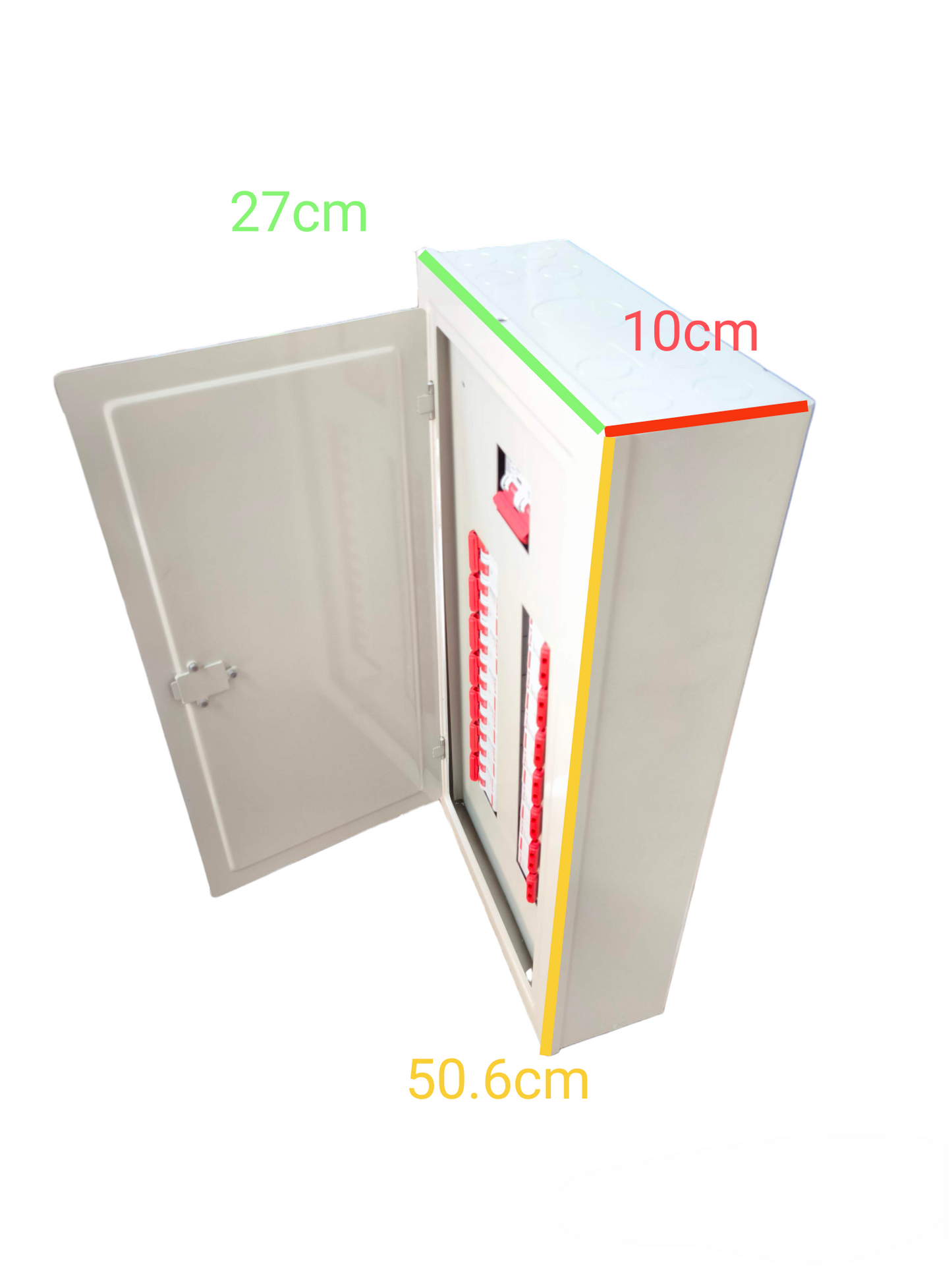 14 branch 2 pole panel board Koten and Himel white metal hinged door enclosure with circuit breakers and wall mount dimensions