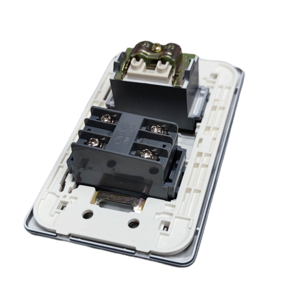 Omni wall switch assembly showing mounting bracket wiring terminals and graphite finish electrical outlet plate