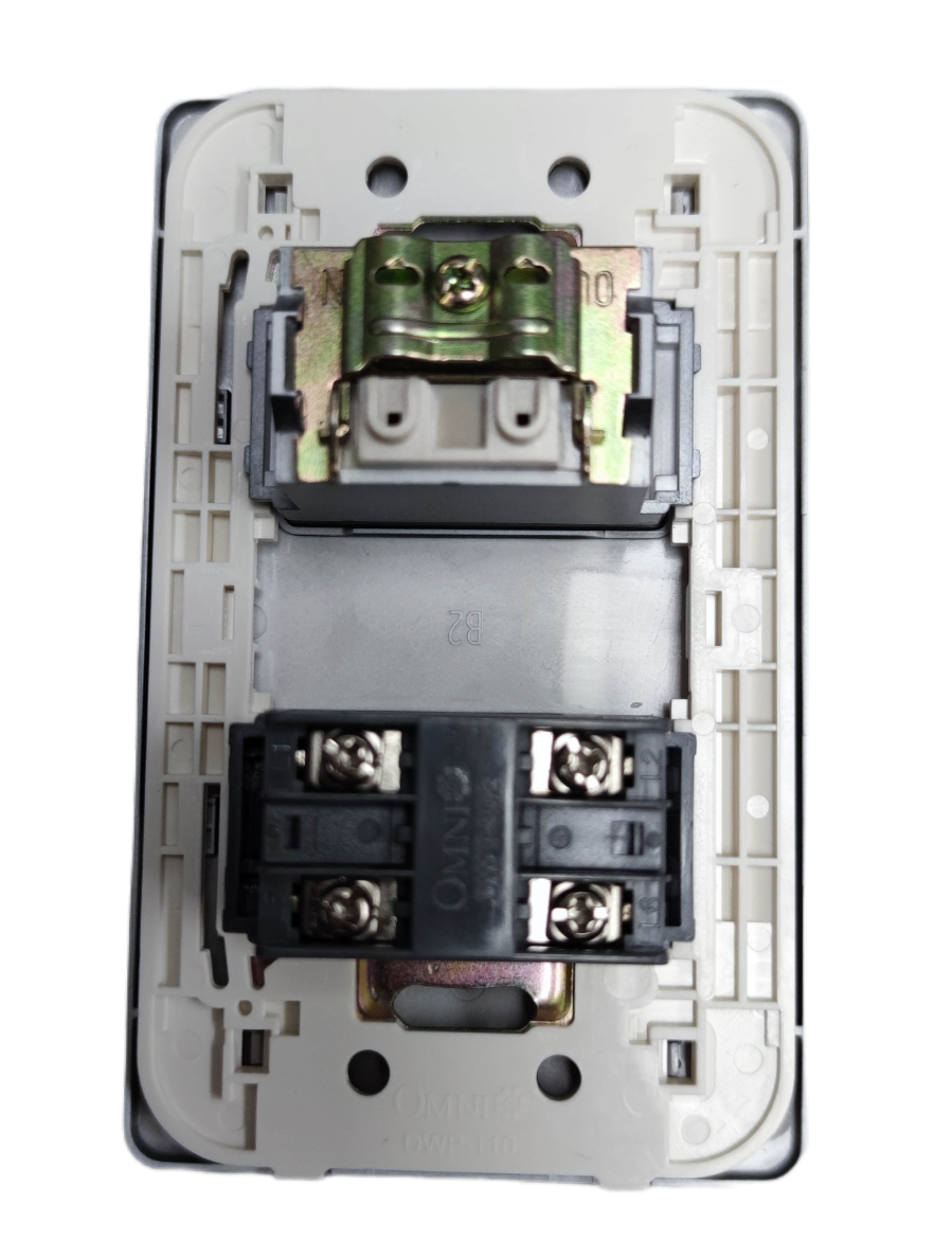 Omni graphite finish electrical outlet plate back view showing mounting bracket terminals and wiring ports